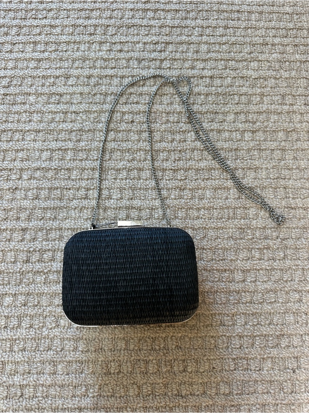 Talbots Hard Case Woven Straw Black Silver Chain Clutch